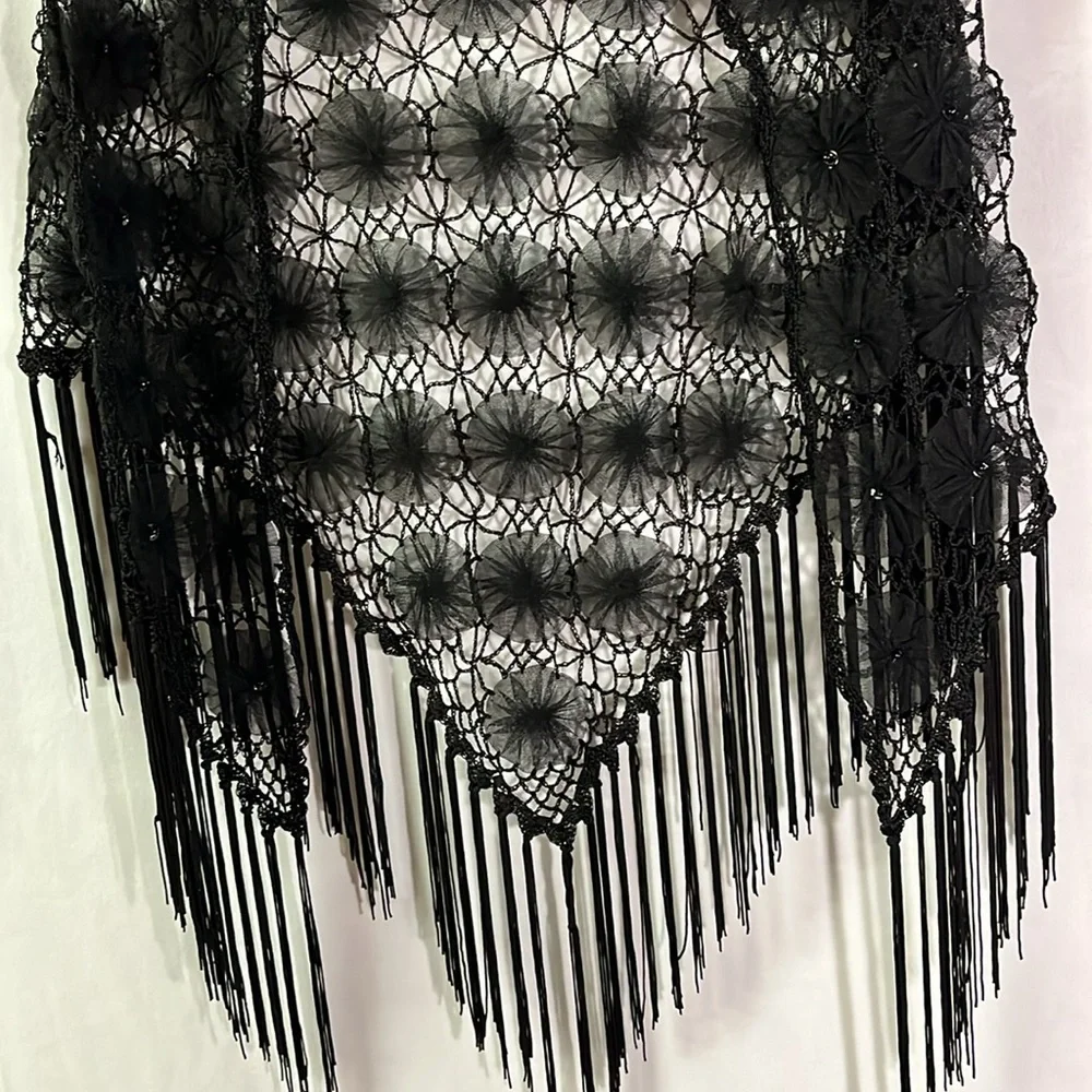 Black Crochet Beaded Floral Fringe Shawl - Picture 6 of 15